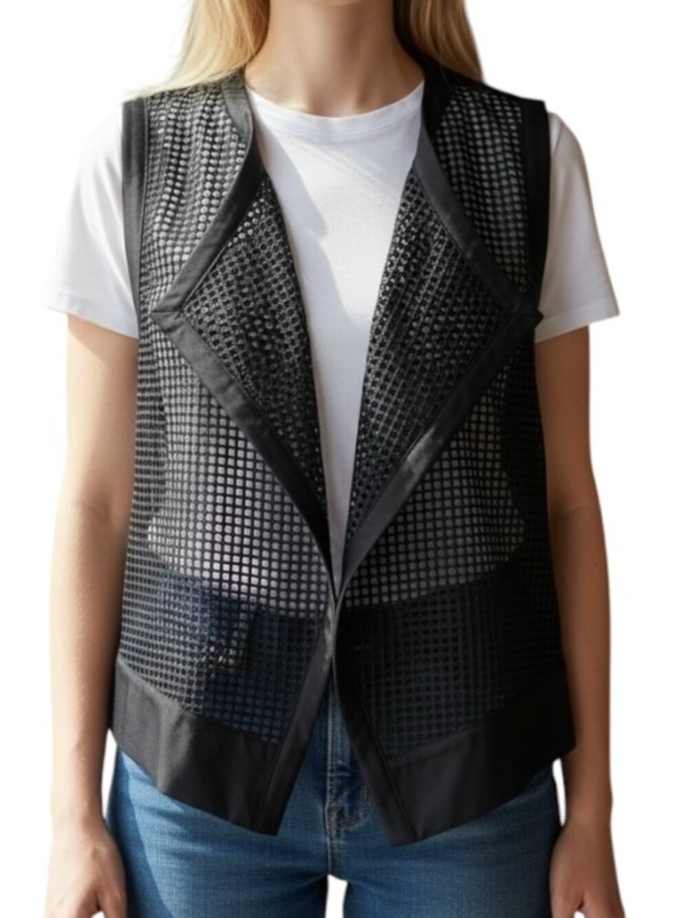AX Armani Exchange Mesh Vest Womens M Black Sheer Net Open Front Layering Festiv